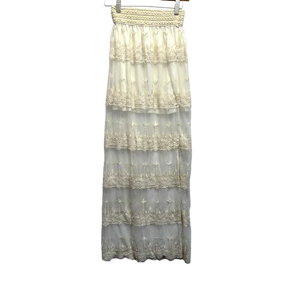 Promesa Boho Lace Maxi Skirt | Sheer Layered Cream Mesh Ethereal Fairycore - Picture 8 of 10